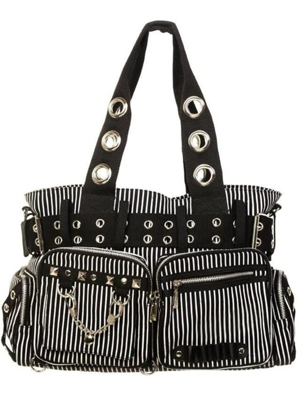 Striped Punk Rock Steampunk Purse with Handcuff Skull Charm - Unique Gothic Bag